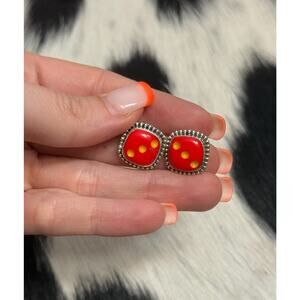 Sterling Silver Red Yellow Carved Dice Gamble Bet Square Stud Post Earrings #3